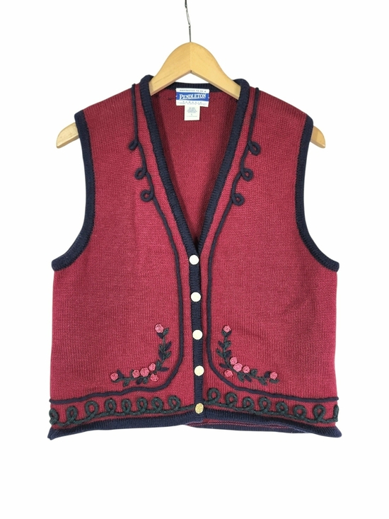 Pendleton Sweaters - Vintage Pendleton Virgin Wool Vest L Red Embroidered Floral Cottage Folk Granny